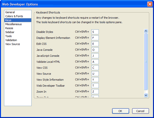 Web Developer Toolbar Options Keys