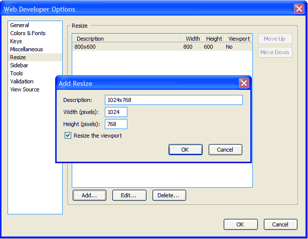 Web Developer Toolbar Options Resize