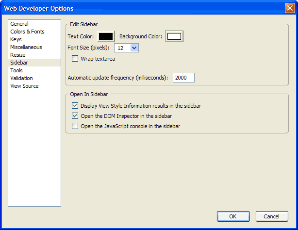 Web Developer Toolbar Options Sidebar